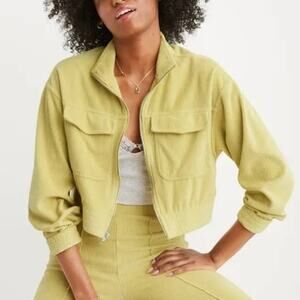 Aerie Women's Ribbed Zip Up Velour Sweatshirt Jacket Size XS Green Yellow